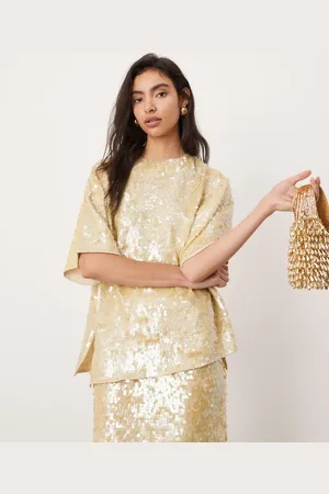 ASOS Allover sequin knitted oversized t-shirt co-ord in cream