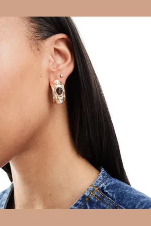ASOS Hoop earrings with faux pearl and tigers eye stones in tone