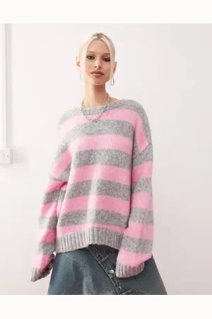 Monki Crew neck knitted sweater in pink and grey stripe
