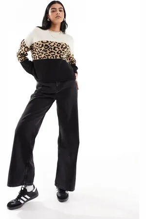 ONLY Animal print colour block jumper in black & white