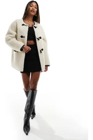 Forever New Contrast toggle teddy coat in cream