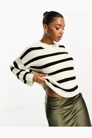 JDY Knitted crew neck stripe jumper in & cream