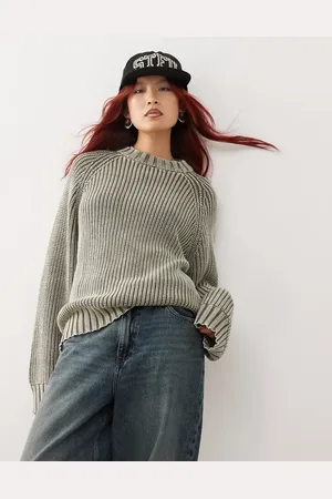Monki Heavy ribbed knit crew neck sweater in khaki acid wash
