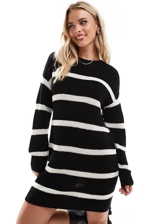 Noisy May Slouchy knitted dress in black with cream stripe