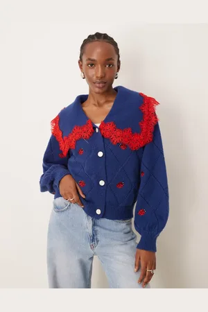 Neon Rose Ladybird embroidered cardigan in navy