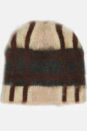 Reclaimed Unisex fluffy check beanie in brown