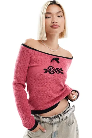 Daisy Street Off shoulder pointelle knit top with floral logo in