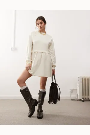 Miss Selfridge Poplin and jersey mix smock dress in buttermilk