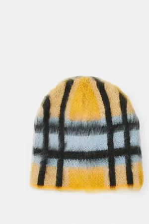 Reclaimed Unisex fluffy check beanie in yellow