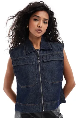 Pieces® Zip up denim waistcoat in dark wash