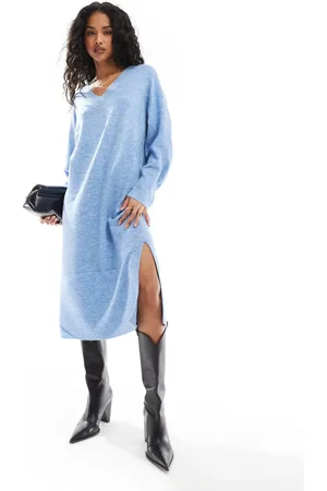 VERO MODA Oversized knitted v neck midi dress in melange