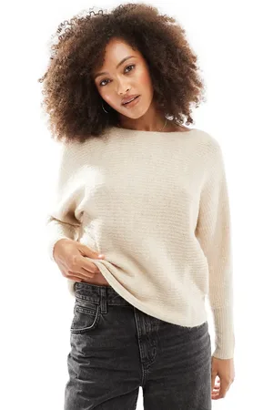ONLY Ribbed wide neck knitted jumper in ecru