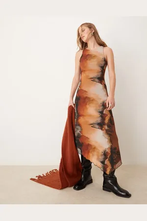 New Look Mesh asymetric hem midi dress in orange pattern