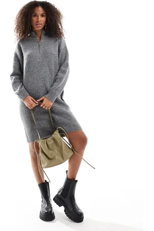 ONLY Half zip midi jumper dress in dark melange