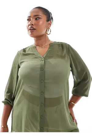 Yours Notch neck sheer crepe blouse in khaki