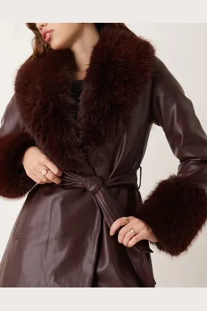 New Look Faux fur trim coat in burgundy