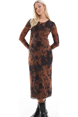 Mama;licious Mamalicious Maternity long sleeve mesh midi dress in marbled mocha print