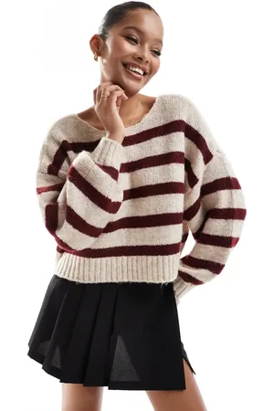 ONLY Wide neck stripe jumper in burgundy & cream