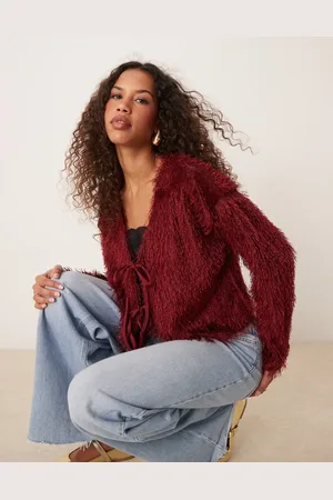 Miss Selfridge Double tie front brushed kit cardigan in burgundy