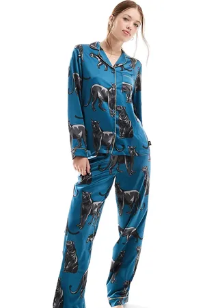 Chelsea Peers Satin panther print button top and trouser pyjama set in forest