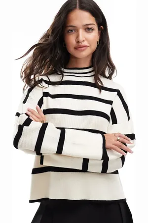ONLY High neck stripe jumper in white & black