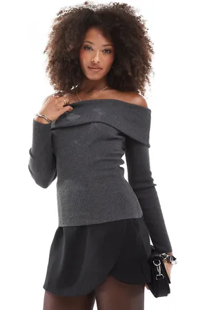 Miss Selfridge Fold over knit rib bardot in charcoal