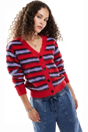COLLUSION Brushed stripe v-neck cardigan in red & pink