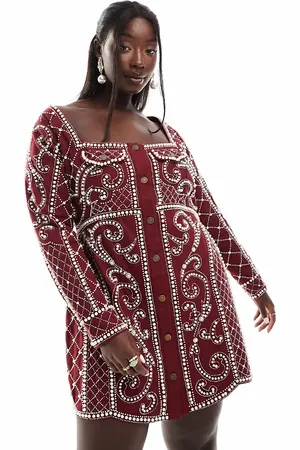 ASOS ASOS DESIGN Curve exclusive embellished structured button through mini dress with pearl detail in burgundy