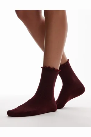 Topshop Ribbed socks with frill edge in burgundy