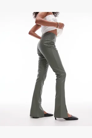 Topshop Faux leather seamed flare trouser in khaki