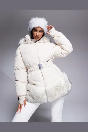 ASOS Ski belted puffer ski jacket with faux fur trim in cream