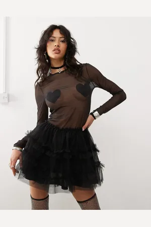 Monki Long sleeve heart detail mesh mini dress with tulle skirt in