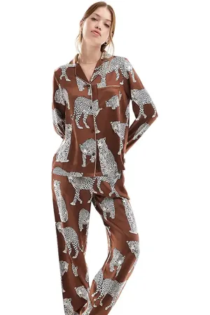 Chelsea Peers Premium satin revere top and trouser pyjama set in lotus tiger print