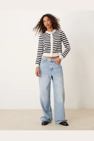 MANGO Stripe gold button fluffy cardigan in