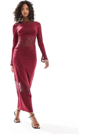 The Frolic X Bella Stovey exclusive lace insert flared sleeve maxi dress in burgundy