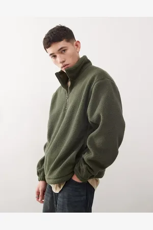 Weekday Travis half zip borg fleece sweatshirt in khaki