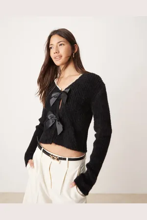 Miss Selfridge Faux pearl trim bow detail lash cardigan in