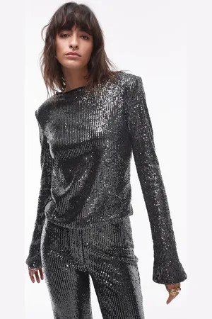 & OTHER STORIES All over sequin top with fringe sequin sleeve detail in dark silver