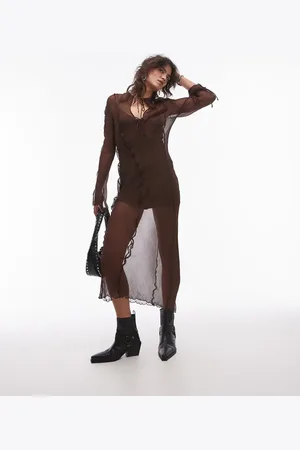 MANGO Mesh detail maxi dress in chocolate