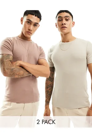 ASOS 2 pack muscle fit rib t-shirts in stone and brown