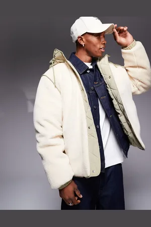 ASOS Borg hooded jacket in ecru with khaki trims