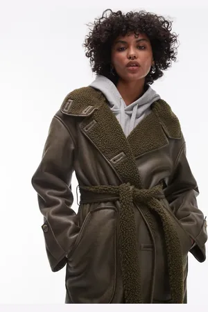 Topshop Faux leather shearling trench coat in olive