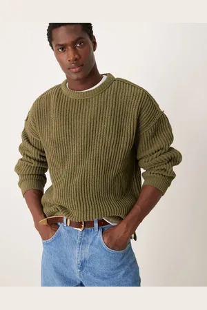 ASOS Relaxed knitted crew neck rib jumper in khaki