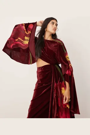 ASOS Embroidered volume flare sleeve grecian cut out velvet maxi dress in burgundy
