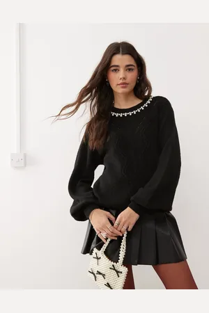 Miss Selfridge Faux pearl and diamante neck trim cable knit jumper in