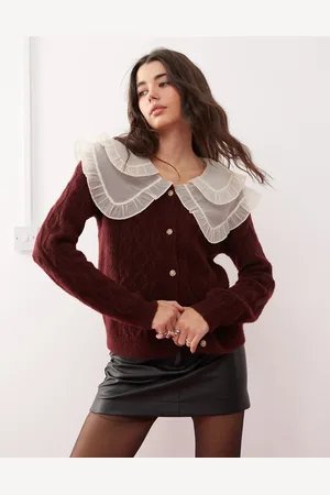 Miss Selfridge Contrast collar detail cable knit cardigan in wine