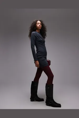 Topshop Twist long sleeve mini dress in charcoal