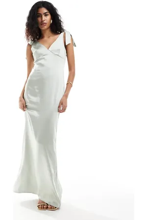 Pretty Lavish Bridesmaid Piper satin tie shoulder maxi dress in sage
