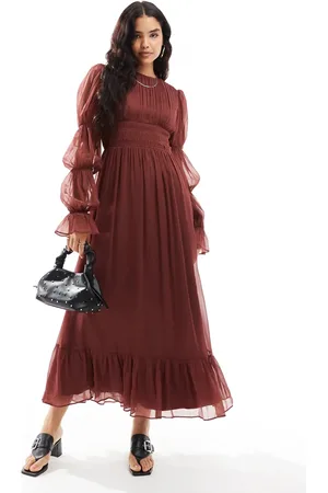 ASOS Shirred waist blouson tier sleeve maxi dress in burgundy