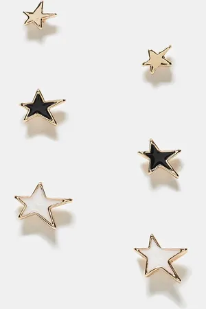ASOS Pack of 3 stud earrings with faux pearl and black enamel star design in tone